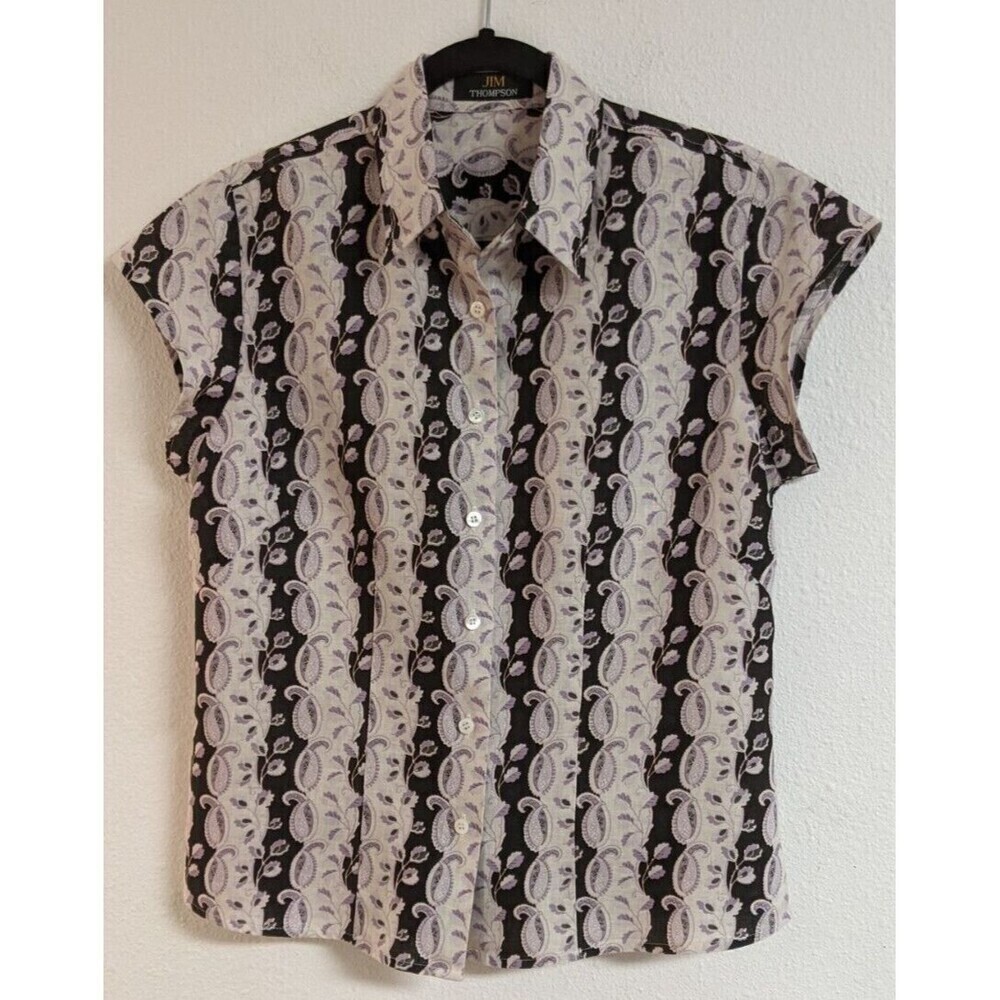 Women's Jim Thompson 100% Linen Button-Up Cap Sleeve Floral Paisley Top 8